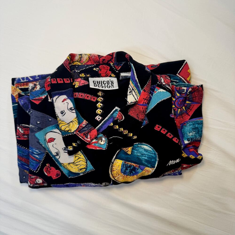 Chico's VTG Pop Art Graphic Camp Shirt Womens 2 Large Art To Wear Maximalist 90s - Picture 11 of 14